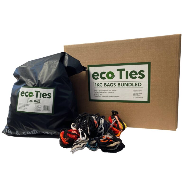 A 1kg bag of eco Ties - Bundled next to the box it is delivered in. Each box contains 10 bags